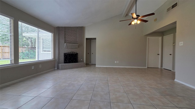 3018 Sherborne St, Pearland, TX 77584 - unfurnished living room with ceiling fan, light tile patterned floors, a brick fireplace, beamed ceiling, and high vaulted ceiling