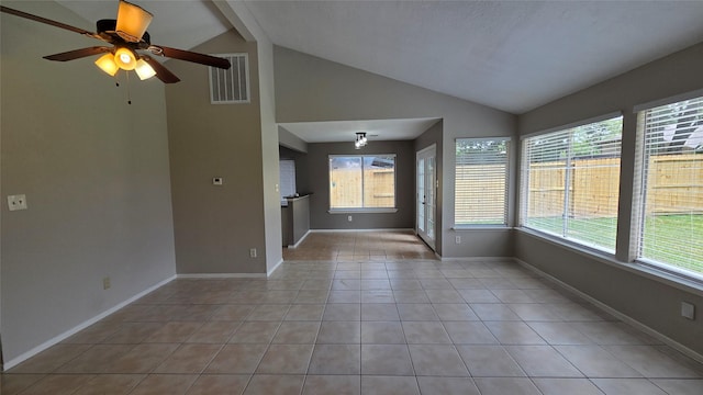 3018 Sherborne St, Pearland, TX 77584 - empty room featuring vaulted ceiling, a ceiling fan, and light tile patterned floors