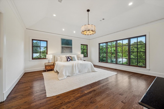 1039 Kirby Dr, Houston, TX 77019 - bedroom featuring multiple windows, ornamental molding, dark wood finished floors, a chandelier, and recessed lighting