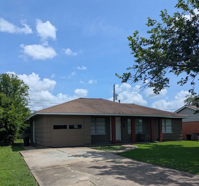 1305 Serpentine Dr, Houston, TX 77029 - ranch-style house featuring an attached garage, a front lawn, driveway, and roof with shingles