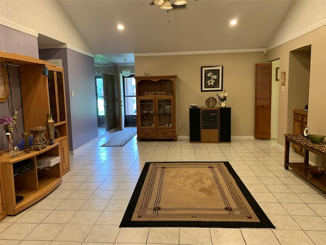 2709 8th Ave N, Texas City, TX 77590 - living room featuring vaulted ceiling, light tile patterned flooring, a ceiling fan, recessed lighting, and crown molding