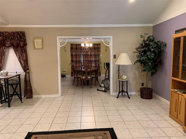 2709 8th Ave N, Texas City, TX 77590 - dining space with a chandelier, light tile patterned flooring, ornamental molding, vaulted ceiling, and a textured ceiling