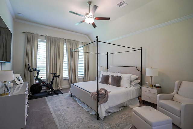 13114 Sierra National Dr, Humble, TX 77346 - carpeted bedroom featuring ornamental molding, vaulted ceiling, and a ceiling fan