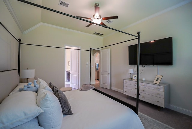 13114 Sierra National Dr, Humble, TX 77346 - carpeted bedroom with ornamental molding, lofted ceiling, and a ceiling fan