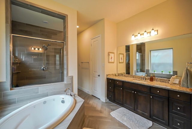 13114 Sierra National Dr, Humble, TX 77346 - bathroom with a bath, vanity, and tiled shower