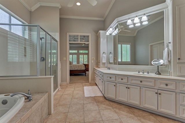11 E Thymewood Pl, The Woodlands, TX 77382 - full bathroom with a ceiling fan, a shower stall, double vanity, a bath, and crown molding