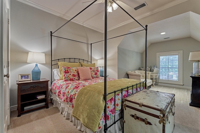 11 E Thymewood Pl, The Woodlands, TX 77382 - bedroom with carpet floors, ornamental molding, and lofted ceiling