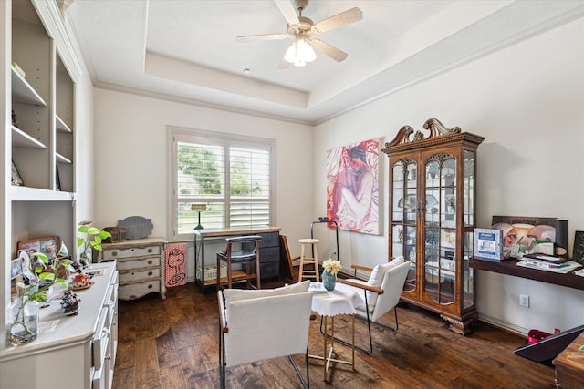 9603 Stonebridge Pl, Tomball, TX 77375 - office space featuring ceiling fan, wood finished floors, and a raised ceiling