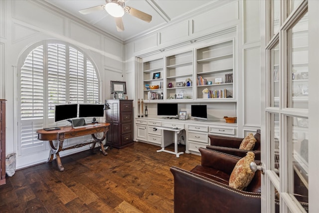 9603 Stonebridge Pl, Tomball, TX 77375 - office area with ceiling fan, a decorative wall, crown molding, and built in study area