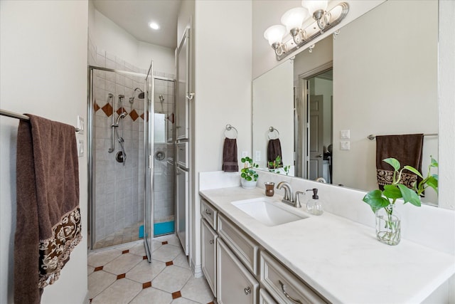 9603 Stonebridge Pl, Tomball, TX 77375 - bathroom with a shower stall, vanity, and tile patterned flooring