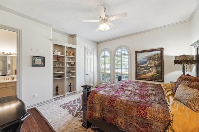 9603 Stonebridge Pl, Tomball, TX 77375 - bedroom featuring wood finished floors, crown molding, connected bathroom, and a ceiling fan