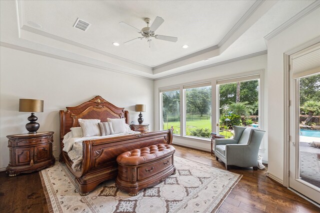 9603 Stonebridge Pl, Tomball, TX 77375 - bedroom with a raised ceiling, access to outside, wood-type flooring, ornamental molding, and recessed lighting