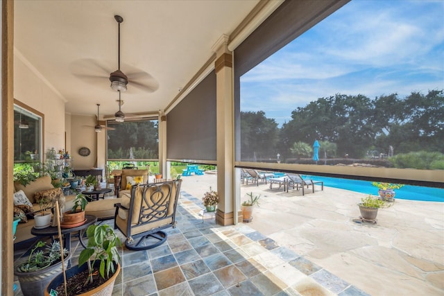 9603 Stonebridge Pl, Tomball, TX 77375 - view of patio / terrace with an outdoor hangout area, ceiling fan, an outdoor pool, and outdoor dining area