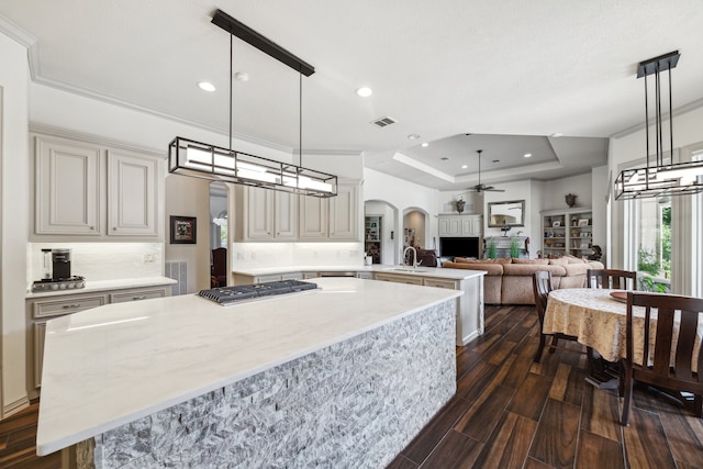 9603 Stonebridge Pl, Tomball, TX 77375 - kitchen with ceiling fan, a center island, healthy amount of natural light, arched walkways, and recessed lighting