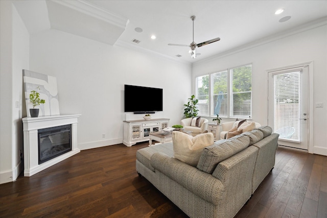3410 Timbergrove Heights St, Houston, TX 77008 - living area with a ceiling fan, wood-type flooring, crown molding, a glass covered fireplace, and recessed lighting