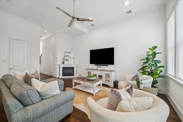 3410 Timbergrove Heights St, Houston, TX 77008 - living room featuring ornamental molding, plenty of natural light, wood finished floors, ceiling fan, and recessed lighting