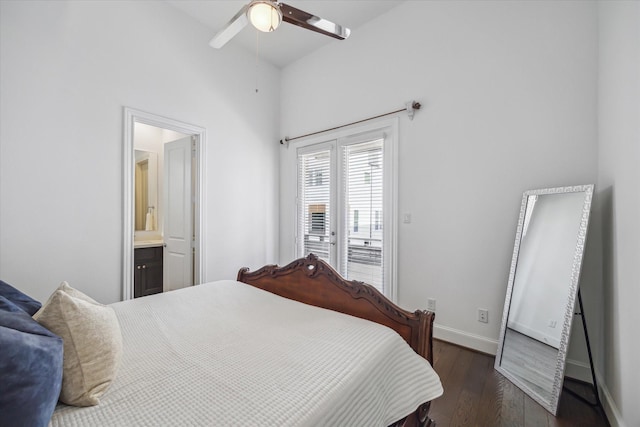 3410 Timbergrove Heights St, Houston, TX 77008 - bedroom with dark wood finished floors, access to outside, ensuite bathroom, and ceiling fan