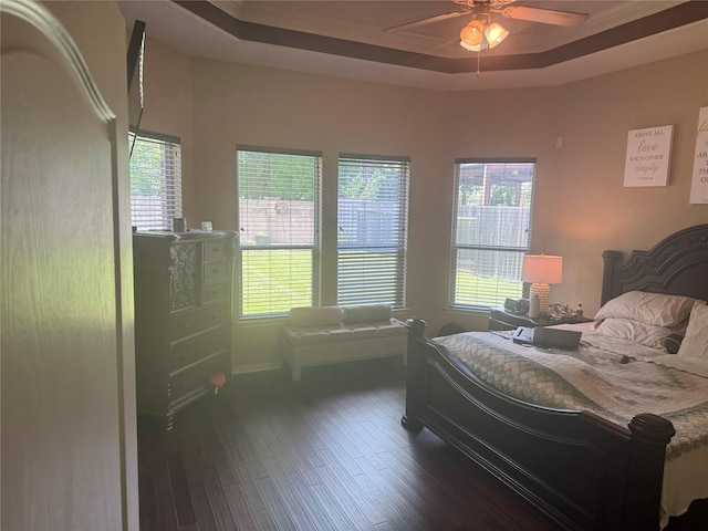 4714 Loggia Ln, Humble, TX 77396 - bedroom with dark wood finished floors, a raised ceiling, and a ceiling fan