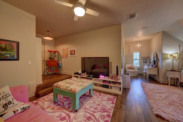 39577 Mesquite Dr, Hempstead, TX 77445 - living area featuring wood finished floors, a chandelier, and ceiling fan