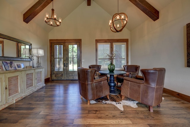 39577 Mesquite Dr, Hempstead, TX 77445 - living area featuring a chandelier, beamed ceiling, high vaulted ceiling, and hardwood / wood-style floors