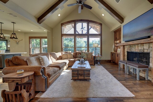 39577 Mesquite Dr, Hempstead, TX 77445 - living area featuring a ceiling fan, beamed ceiling, dark wood-style flooring, recessed lighting, and plenty of natural light