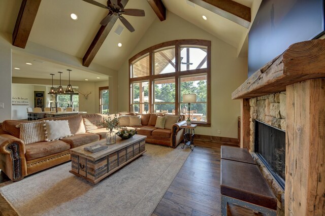 39577 Mesquite Dr, Hempstead, TX 77445 - living room featuring ceiling fan, beamed ceiling, recessed lighting, wood-type flooring, and a stone fireplace