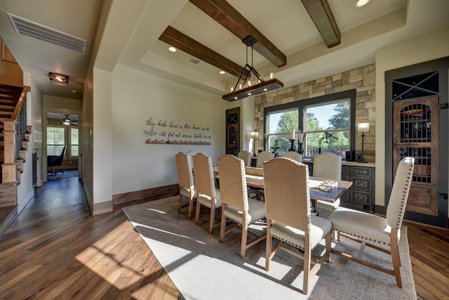 39577 Mesquite Dr, Hempstead, TX 77445 - dining area featuring dark wood-type flooring, plenty of natural light, beamed ceiling, and recessed lighting