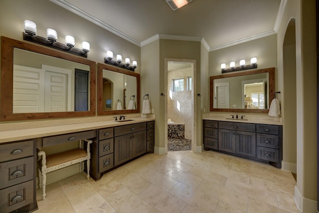39577 Mesquite Dr, Hempstead, TX 77445 - bathroom with crown molding, a walk in shower, and two vanities