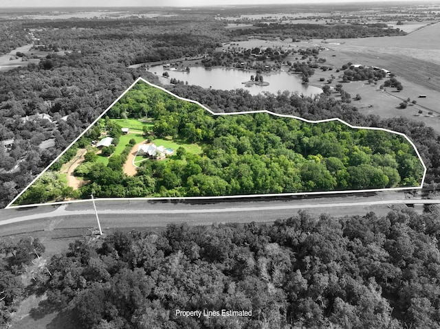 39577 Mesquite Dr, Hempstead, TX 77445 - aerial view of property and surrounding area with a large body of water and property parcel outlined