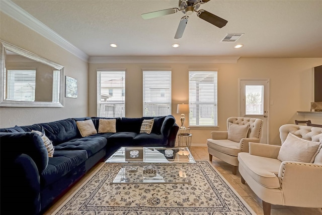 3306 Coopers Ridge Way, Houston, TX 77084 - living area featuring crown molding, ceiling fan, and recessed lighting
