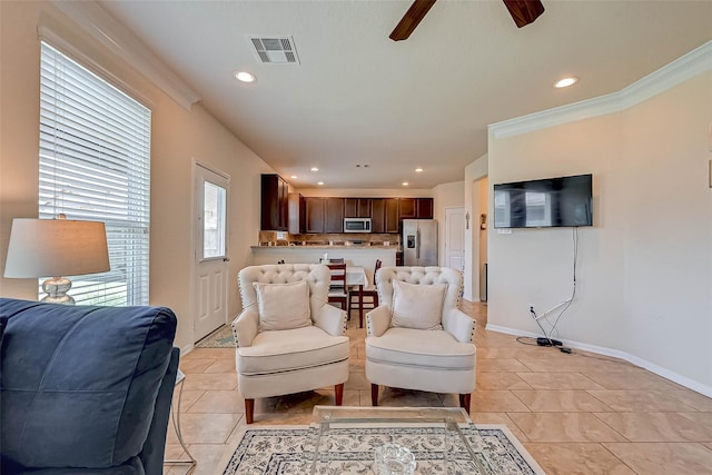 3306 Coopers Ridge Way, Houston, TX 77084 - living area featuring a ceiling fan, light tile patterned floors, recessed lighting, and ornamental molding