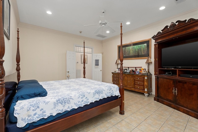 15 S Lakemist Harbour Pl, The Woodlands, TX 77381 - bedroom with light tile patterned floors, crown molding, recessed lighting, and ceiling fan