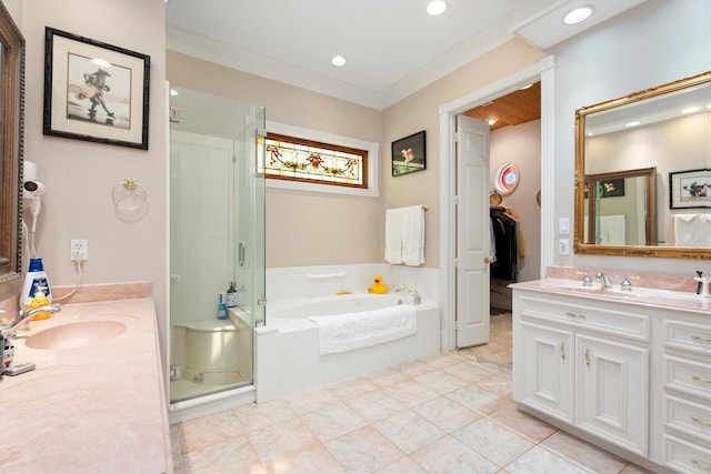 15 S Lakemist Harbour Pl, The Woodlands, TX 77381 - bathroom with vanity, a stall shower, a bath, crown molding, and recessed lighting