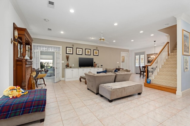 15 S Lakemist Harbour Pl, The Woodlands, TX 77381 - living area featuring stairway, light tile patterned floors, recessed lighting, ceiling fan, and ornamental molding