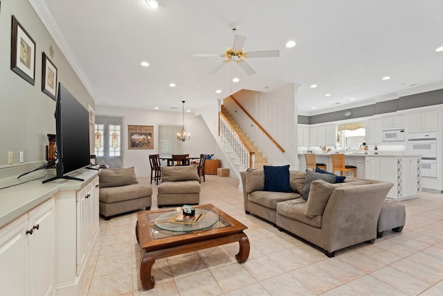 15 S Lakemist Harbour Pl, The Woodlands, TX 77381 - living room featuring stairway, ornamental molding, recessed lighting, plenty of natural light, and light tile patterned flooring