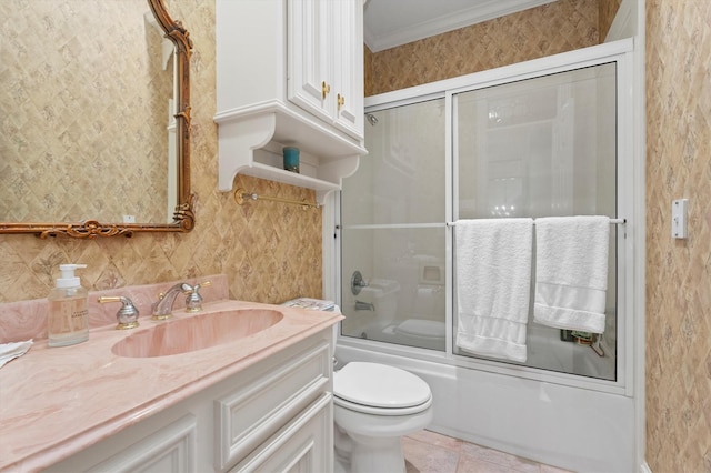 15 S Lakemist Harbour Pl, The Woodlands, TX 77381 - full bathroom with vanity, ornamental molding, bath / shower combo with glass door, and tile patterned floors