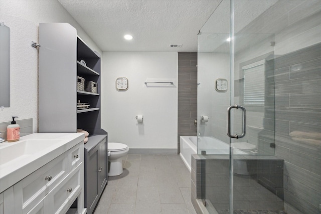 8218 Waynemer Way, Houston, TX 77040 - bathroom featuring vanity, an enclosed shower, a textured ceiling, tile patterned flooring, and a bathtub