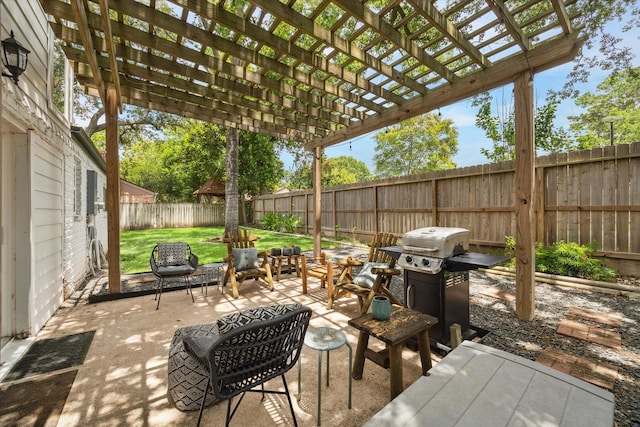 8218 Waynemer Way, Houston, TX 77040 - fenced backyard with area for grilling, a pergola, outdoor lounge area, and a patio area