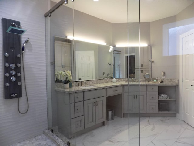 12636 Briar Patch Rd, Houston, TX 77077 - bathroom featuring walk in shower, vanity, and marble look tiles