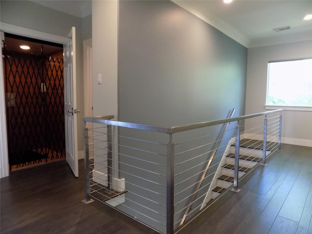 12636 Briar Patch Rd, Houston, TX 77077 - corridor featuring an upstairs landing, wood finished floors, recessed lighting, and crown molding