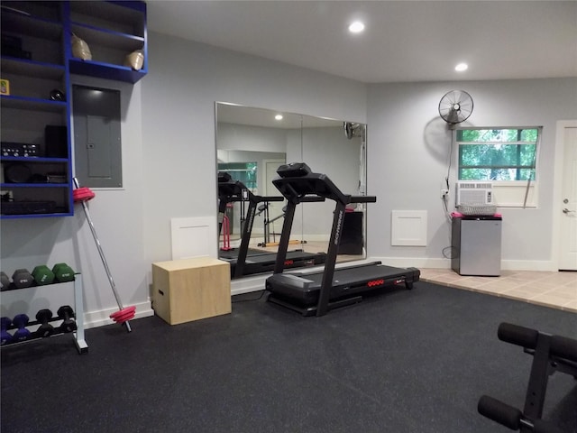12636 Briar Patch Rd, Houston, TX 77077 - workout room featuring electric panel, recessed lighting, and cooling unit