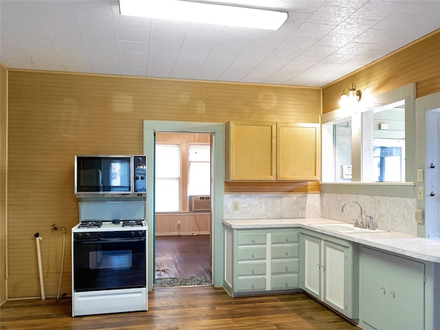 1233 Eagle Lake Rd, Sealy, TX 77474 - kitchen featuring gas range, dark wood-style floors, light countertops, wooden walls, and a wall unit AC