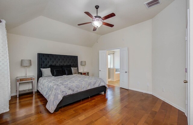15218 Zenith Glen Ln, Cypress, TX 77429 - bedroom featuring vaulted ceiling, hardwood / wood-style floors, a ceiling fan, and ensuite bath