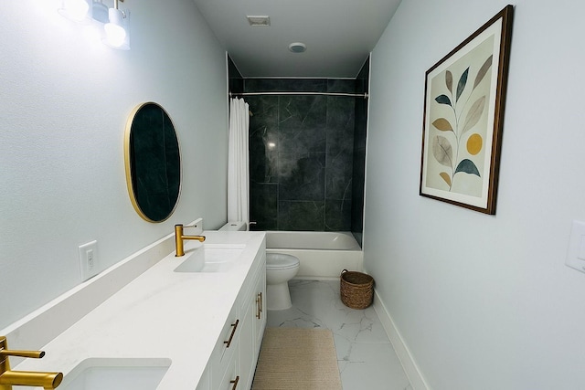 8128 Penrod St, Houston, TX 77028 - full bath featuring marble finish floors, double vanity, and shower / tub combo with curtain
