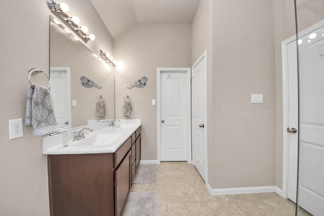 18614 Magnolia Dell Dr, Cypress, TX 77433 - full bathroom with double vanity, lofted ceiling, and tile patterned floors