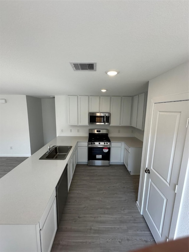 10730 Red Orchid Dr, Houston, TX 77016 - kitchen with appliances with stainless steel finishes, dark wood-type flooring, a peninsula, light countertops, and white cabinets