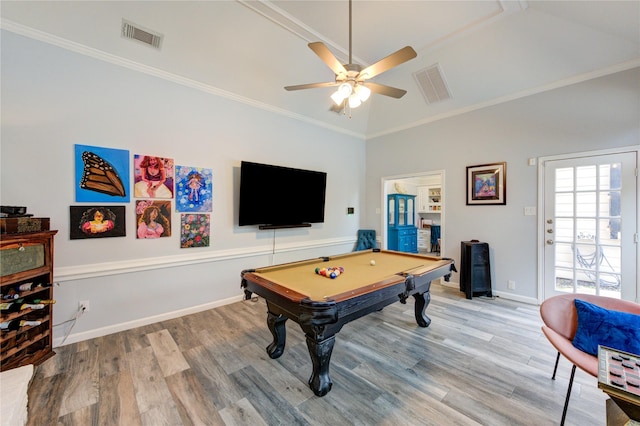 5631 Spring Lodge Dr, Houston, TX 77345 - rec room with wood finished floors, lofted ceiling, billiards table, a ceiling fan, and ornamental molding