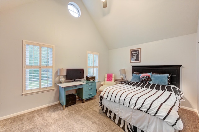 5631 Spring Lodge Dr, Houston, TX 77345 - bedroom with light carpet, high vaulted ceiling, and a ceiling fan