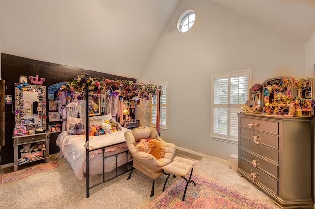 5631 Spring Lodge Dr, Houston, TX 77345 - carpeted bedroom with high vaulted ceiling and baseboards