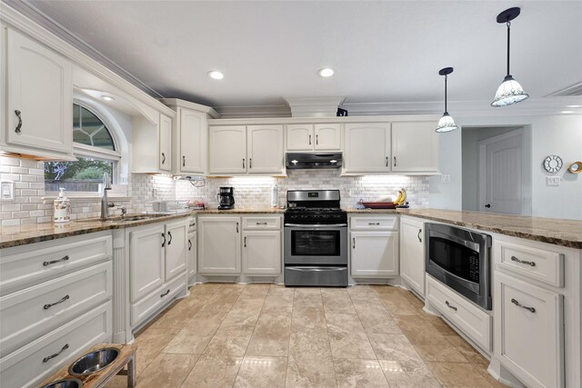 5227 Falvey St, Houston, TX 77017 - kitchen with appliances with stainless steel finishes, under cabinet range hood, ornamental molding, white cabinetry, and backsplash